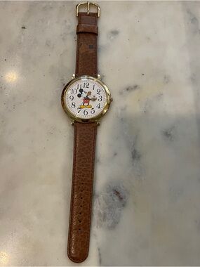 GUC Brown Leather Strap Mickey Mouse Watch with Gold-Tone Case